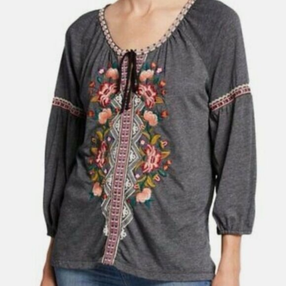 Johnny Was Workshop Juliene Blouse Gray Floral Embroidered Peasant Top Size L